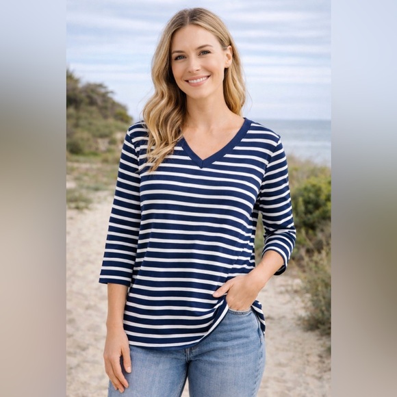 Pact Tops - Pact Organic Cotton Striped Tee XL Blue White V Neck 3/4 Sleeve Top